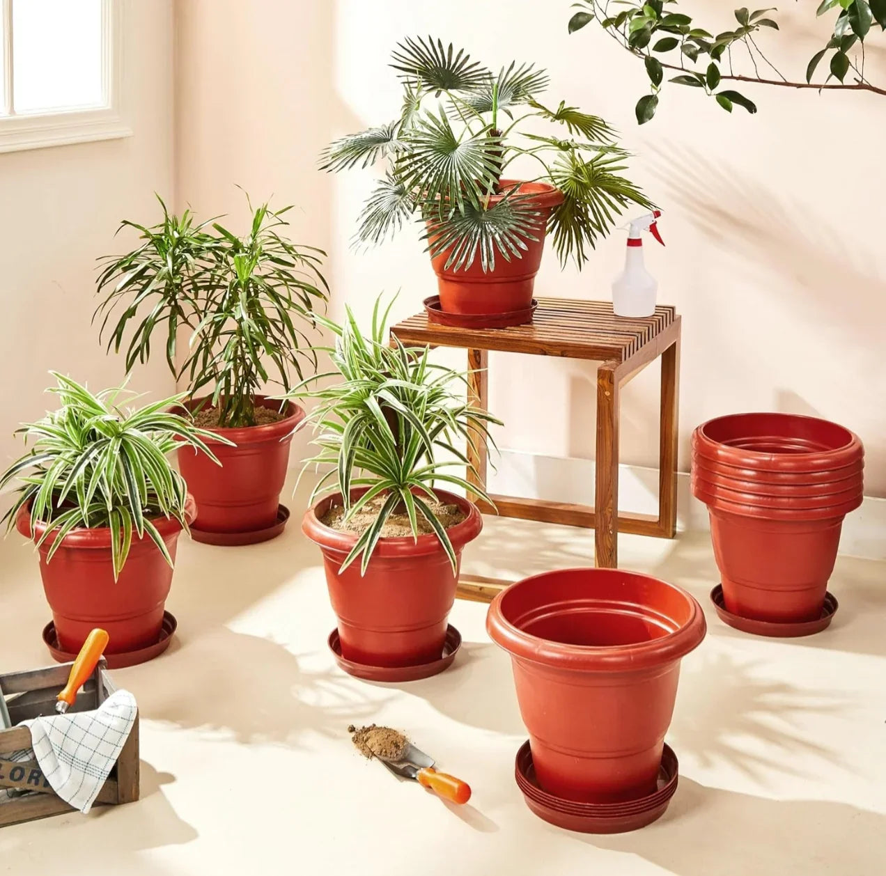 Round Plastic Plant Pot with Bottom Tray (Set of 6)  | Durable Garden Planter | Indoor Outdoor Flower Pot Leak-Proof