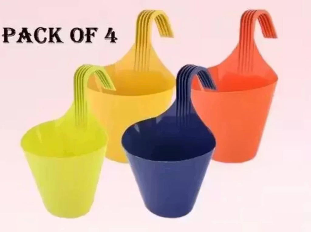 Pack of 4 Balcony Railing Hook Pots – Unbreakable Lightweight Hanging Planters for Indoor & Outdoor Gardening